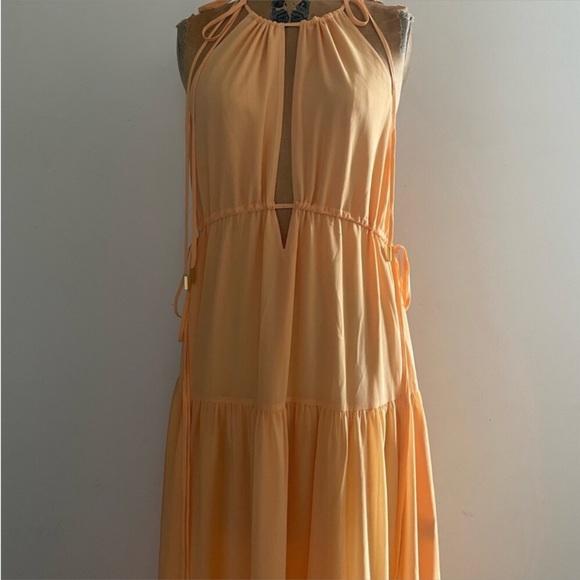 Lovers+Friends] Deep slits Drawstring neck line&waist Crepe Maxi Dress Tangerine - Picture 6 of 16